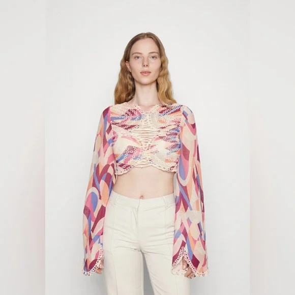 𝓯𝓹 Free People ~ Eyes on You Bell Sleeve Eyelet Mesh Crop Top - Picture 13 of 13